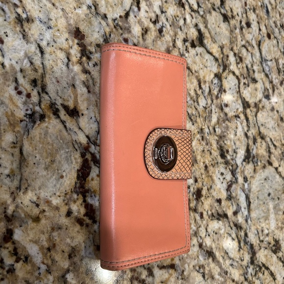 Coach Light Pink Leather Credit Card Turnlock Trifold Long Wallet
